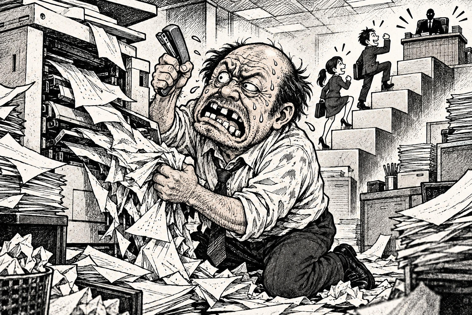 年季の入った中年会社員が、昇格する後輩たちを横目にコピー機の紙詰まりを直し続ける白黒のギャグ漫画