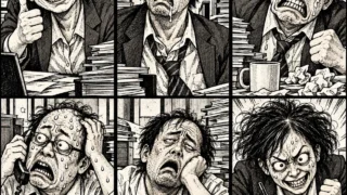 肩書きを盛りすぎて顔まで崩れた、六人の会社員の白黒ギャグ漫画