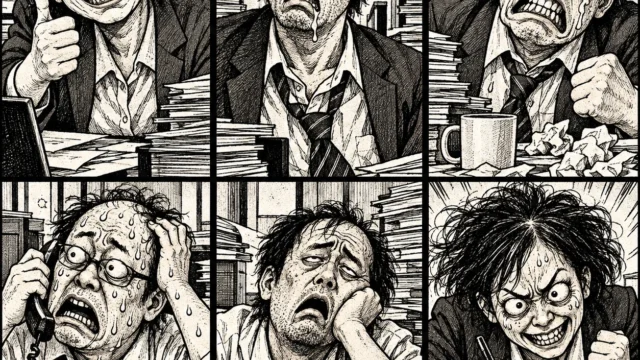 肩書きを盛りすぎて顔まで崩れた、六人の会社員の白黒ギャグ漫画