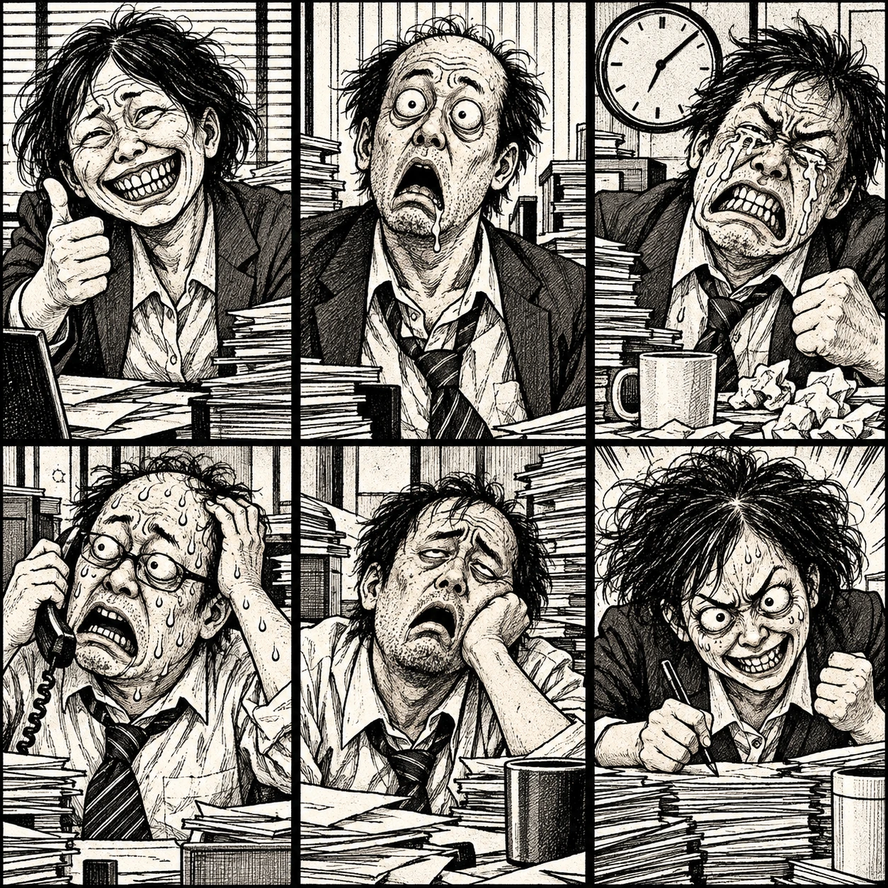 肩書きを盛りすぎて顔まで崩れた、六人の会社員の白黒ギャグ漫画