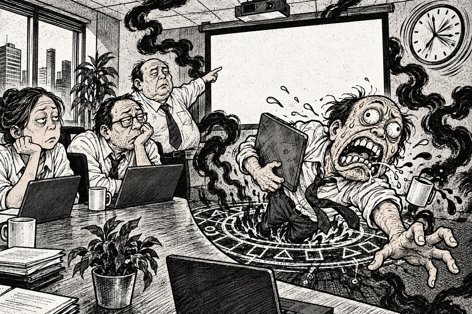 汗だくの中年会社員が、議題の見えない会議室に魔法陣で呼び出される白黒のギャグ漫画