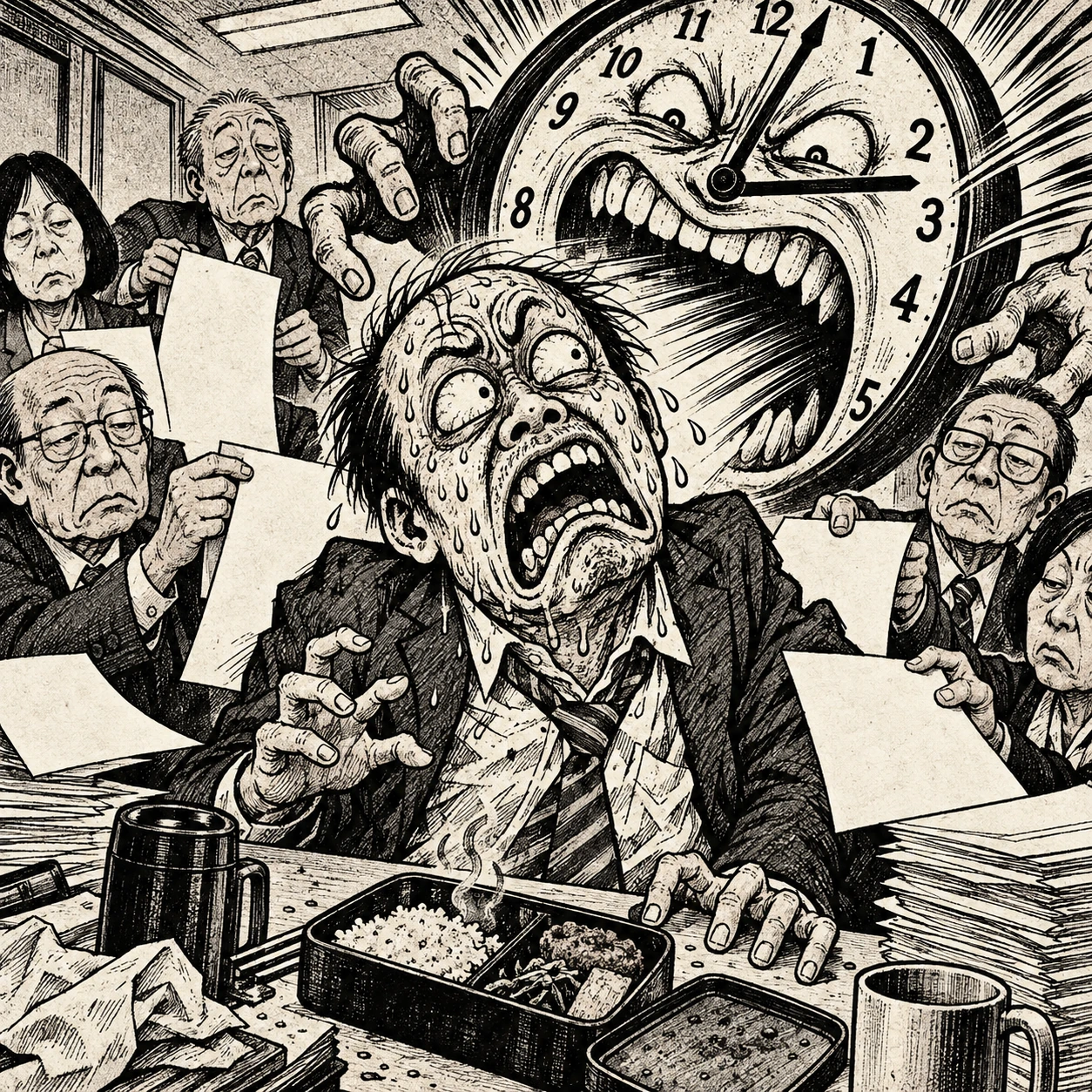 五分だけの会議に昼休みを食われ、冷めた弁当を前に絶叫する会社員の白黒ギャグ漫画