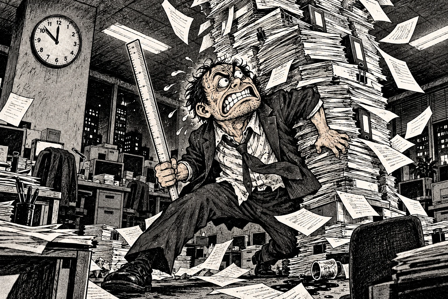 目を見開いた中年会社員が深夜のオフィスで巨大な書類の柱を支える白黒のギャグ漫画