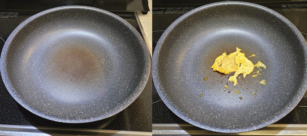 以前使っていたニトリのフライパンと、食材がくっついた状態の比較写真