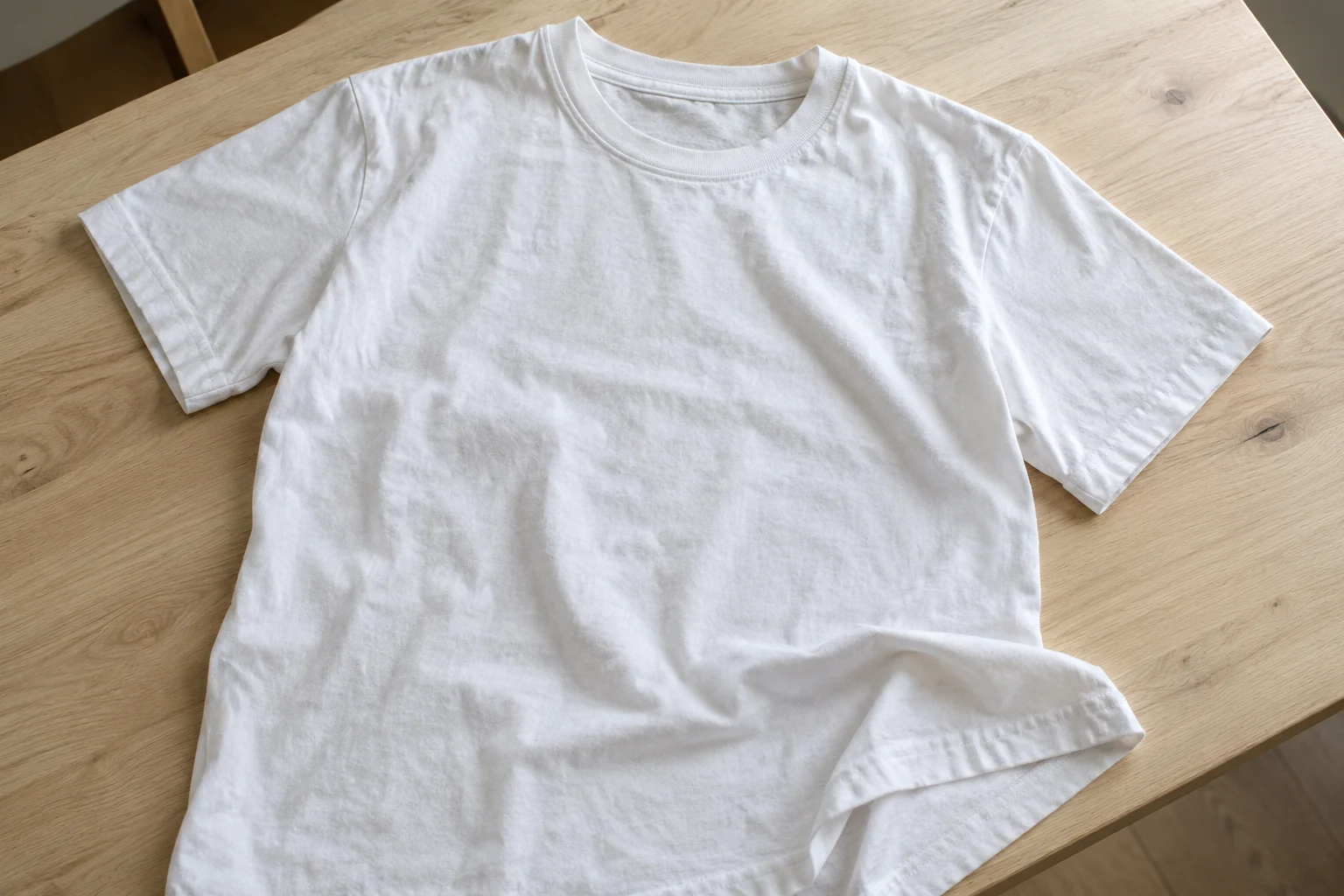 木のテーブルに広げた白Tシャツの襟元・袖・生地