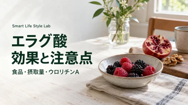 「エラグ酸 効果と注意点」の文字と、ベリー・ザクロ・クルミの食品イメージ