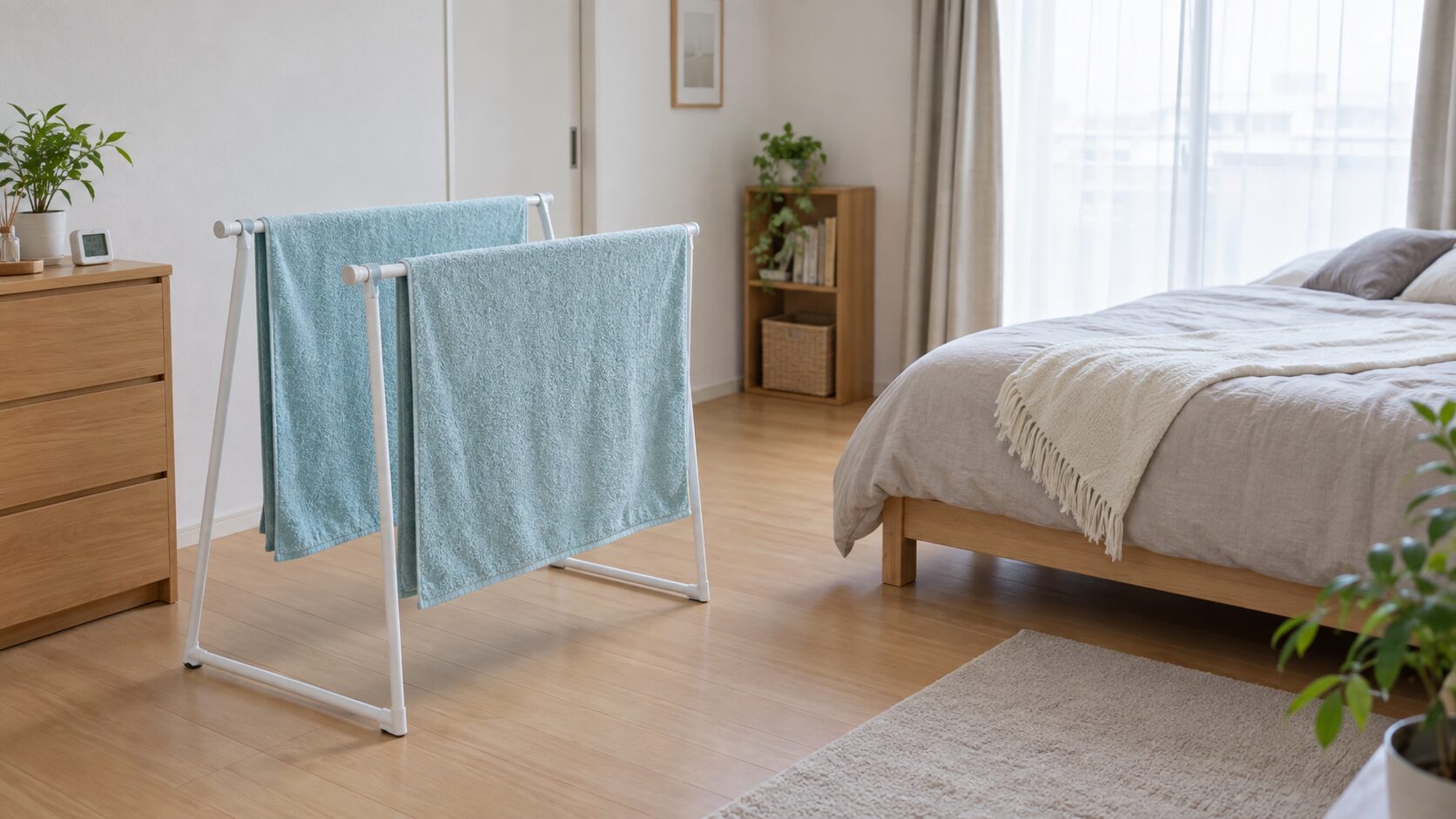 寝具から離した室内物干しに、2枚のバスタオルを間隔を空けて干した寝室