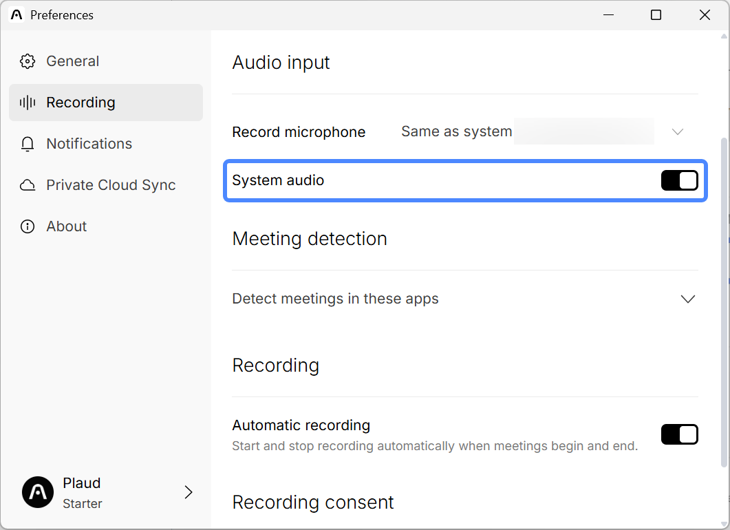 PLAUD DesktopのRecording設定でSystem audioをオンにする公式画面