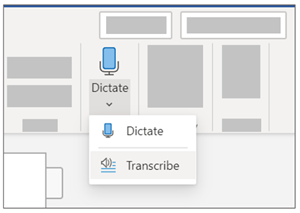 WordのDictateとTranscribeを選ぶメニュー