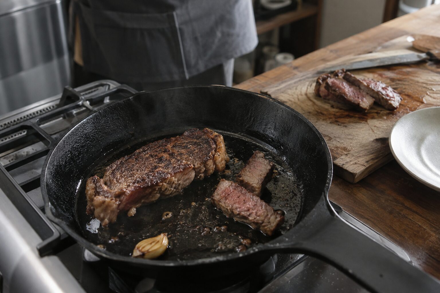 フライパンで焼いたステーキと、切り分けた肉の断面