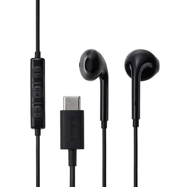 エレコムEHP-DF18IMBK-ECの黒いインナーイヤー型イヤホンとUSB-C端子、リモコン