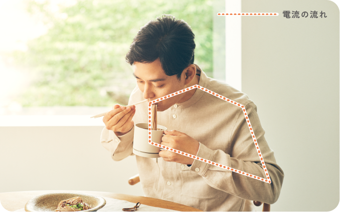 エレキソルト カップを手で持ち、もう片方の手の箸で麺を食べる使用例