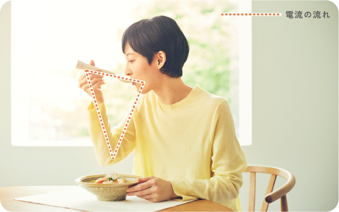 エレキソルト スプーンで食べる女性と手から口までの電流経路