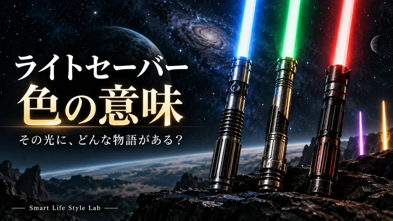 青・緑・赤の光と金属のヒルトを描いた、ライトセーバーの色の意味のアイキャッチ