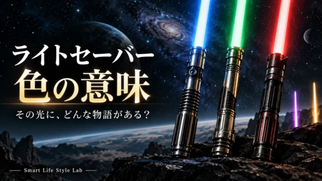 青・緑・赤の光と金属のヒルトを描いた、ライトセーバーの色の意味のアイキャッチ