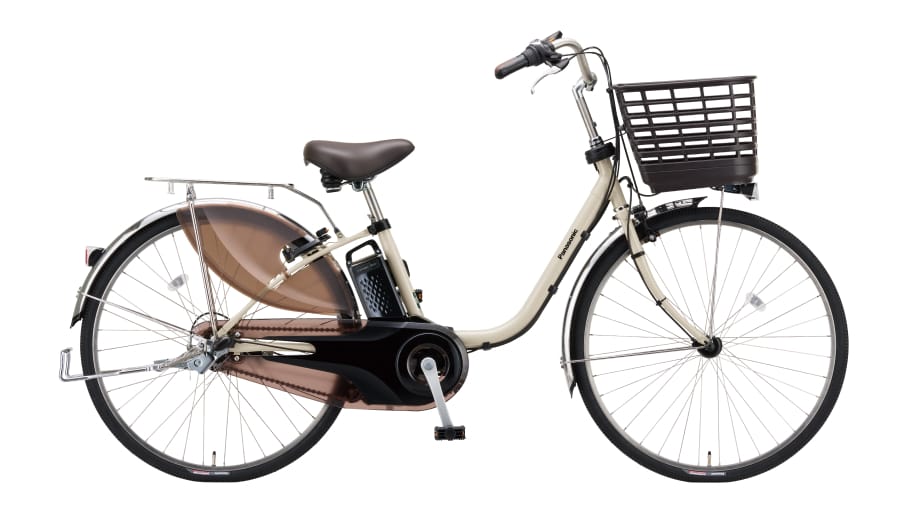 パナソニック ビビDXの車体。後輪周りにはチェーンケースやスタンドがある
